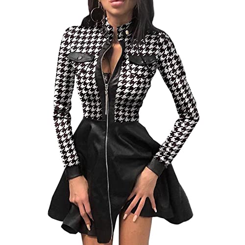 EGSDMNVSQ Damen Partykleider Lederkleid Mode V-Ausschnitt Langarm Spitzen Patchwork Minikleid Mit Reißverschluss Bodycon Kurz Minikleid A Linie Cocktailkleid Clubwear von EGSDMNVSQ