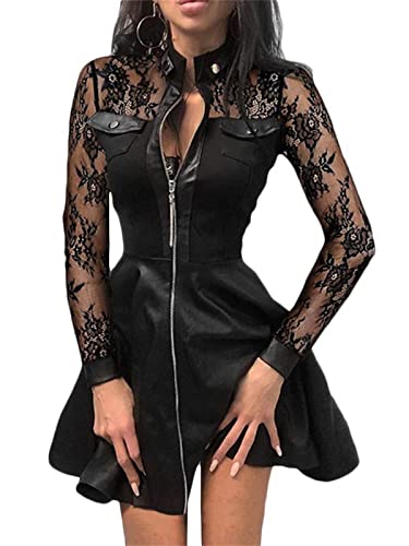 EGSDMNVSQ Damen Partykleider Lederkleid Mode V-Ausschnitt Langarm Spitzen Patchwork Minikleid Mit Reißverschluss Bodycon Kurz Minikleid A Linie Cocktailkleid Clubwear von EGSDMNVSQ