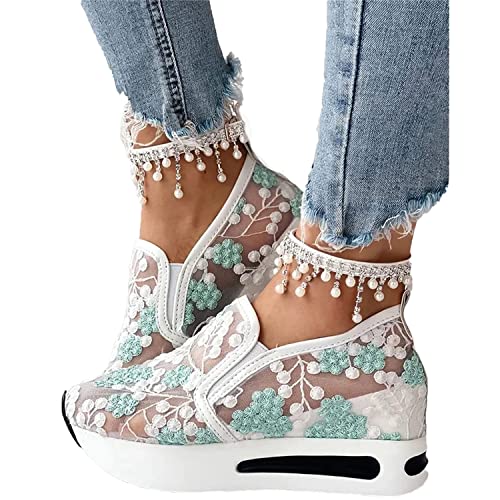 EGSDMNVSQ Damen Plateau Sneakers Spitze Turnschuhe Mesh Atmungsaktive Sportschuhe Sneakers Mit Keilabsatz Laufschuhe Mit Blumenstickerei Durchsichtigem Sommer Schuhe von EGSDMNVSQ