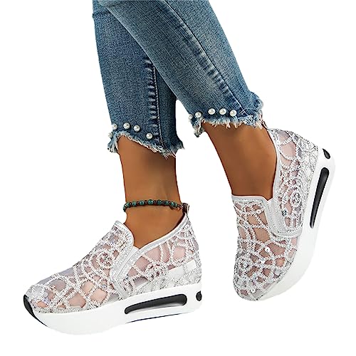 EGSDMNVSQ Damen Plateau Sneakers Spitze Turnschuhe Mesh Atmungsaktive Sportschuhe Sneakers Mit Keilabsatz Laufschuhe Mit Blumenstickerei Durchsichtigem Sommer Schuhe von EGSDMNVSQ