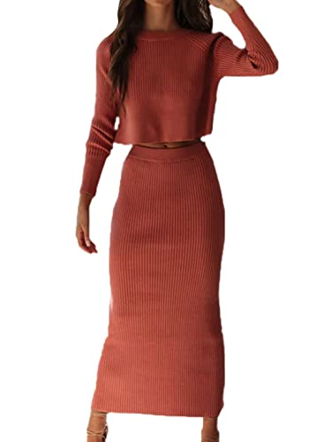 EGSDMNVSQ Damen Pulloverkleid 2 Stück Set Strickkleid Zweiteiliger Anzug Strickpullover und Midi Strickrock Bodycon Midikleid Rundhals Pulloverkleid von EGSDMNVSQ