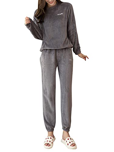 EGSDMNVSQ Damen Pyjama Set Kuschelig Winter Fleece Warm Hausanzug Elegant Süße Plüsch Schlafanzug Flauschig Freizeitanzug Thermo Thermobekleidung Zweiteiler Ensembles Langarm Nachtwäsche von EGSDMNVSQ