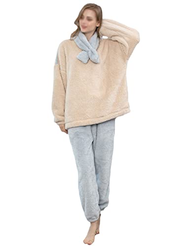 EGSDMNVSQ Damen Pyjama Set Kuschelig Winter Fleece Warm Hausanzug Elegant Süße Plüsch Schlafanzug Flauschig Freizeitanzug Thermo Thermobekleidung Zweiteiler Ensembles Langarm Nachtwäsche von EGSDMNVSQ