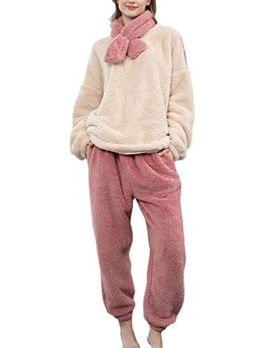 EGSDMNVSQ Damen Pyjama Set Kuschelig Winter Fleece Warm Hausanzug Elegant Süße Plüsch Schlafanzug Flauschig Freizeitanzug Thermo Thermobekleidung Zweiteiler Ensembles Langarm Nachtwäsche von EGSDMNVSQ