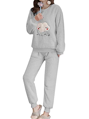 EGSDMNVSQ Damen Pyjama Set Kuschelig Winter Fleece Warm Hausanzug Elegant Süße Plüsch Schlafanzug Flauschig Freizeitanzug Thermo Thermobekleidung Zweiteiler Ensembles Langarm Nachtwäsche von EGSDMNVSQ
