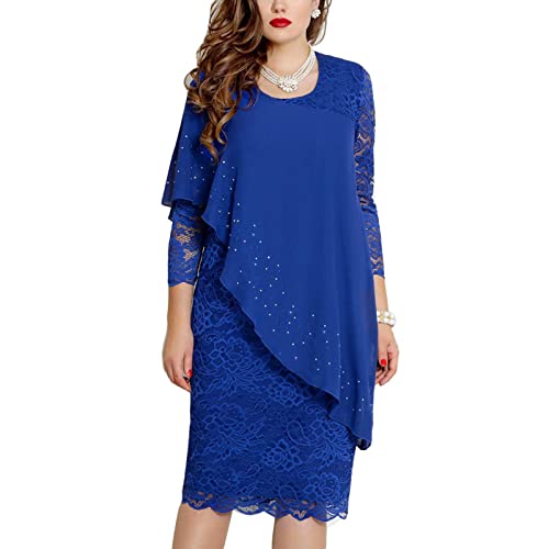 EGSDMNVSQ Damen Rundhals Spitzenkleid Cocktailkleid Große Größen Abendkleid Langarm Partykleid Knielang Festlich Kleider für Hochzeit Ballkleid von EGSDMNVSQ