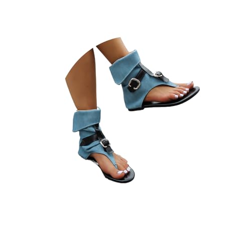 Damen Sommer Clip Zehen Flache römische Sandalen Denim Gürtelschnalle Flip Flop große High Top Herringbone von EGSDMNVSQ