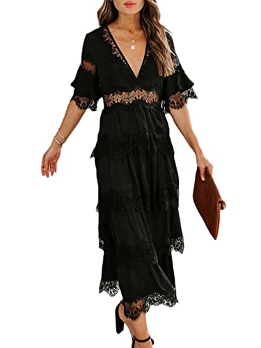 EGSDMNVSQ Damen Sommerkleid Boho V-Ausschnitt Kleid Lang Elegant Freizeitkleid Bandeau Kleid Trägerlos Maxikleid Ärmellos Party Strandkleid Weiß von EGSDMNVSQ