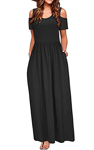 EGSDMNVSQ Damen Sommerkleid Schulter Maxikleid Blumendruck Freizeitkleid Trägerlos Kurzarm Lange Kleider mit Taschen Strandkleid von EGSDMNVSQ