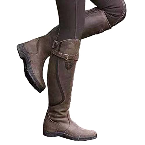 EGSDMNVSQ Damen Stiefel Lange Warme Winterstiefel Mit Blockabsatz Langschaft Boots Flach Casual Stiefel Reißverschluss Klassisch Westernstiefel Winterschuhe von EGSDMNVSQ