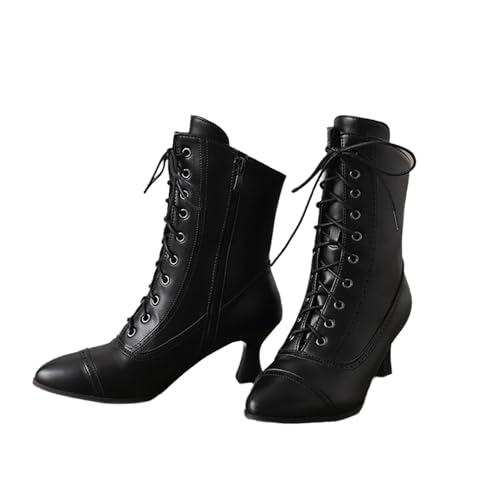 EGSDMNVSQ Damen Vintage Viktorianische Stiefel Schnüren Niedrige Absatz Stiefel Ankle Stiefeletten Gothic PU Lederstiefel Hexenstiefel Bequeme Mandelzehe Hochzeit Brautstiefel Schwarz 38 EU von EGSDMNVSQ