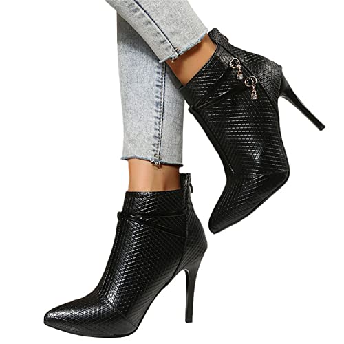 EGSDMNVSQ Damen Stiefeletten Stiletto Absatz Spitzer Zehenpartie Ankle Boots Mode mit Reißverschluss Herbst Winter Strukturiertes Faux Leder High Heels von EGSDMNVSQ