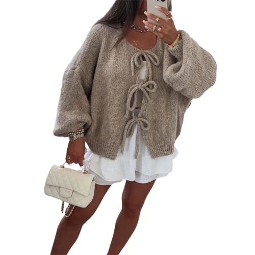 EGSDMNVSQ Damen Strickjacke Mit Schnürung Vorne Und Schleife Y2K Cardigan Rundhalsausschnitt Weiche Und Warme Strickmantel von EGSDMNVSQ