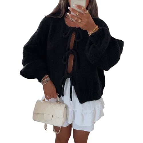 EGSDMNVSQ Damen Strickjacke Mit Schnürung Vorne Und Schleife Y2K Cardigan Rundhalsausschnitt Weiche Und Warme Strickmantel von EGSDMNVSQ