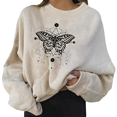 EGSDMNVSQ Damen Sweatshirt Briefe Drucken Langarm Rundhals Frauen Pullover Pulli Mode Schmetterling Print Oversized Teenager Mädchen Hoodie von EGSDMNVSQ