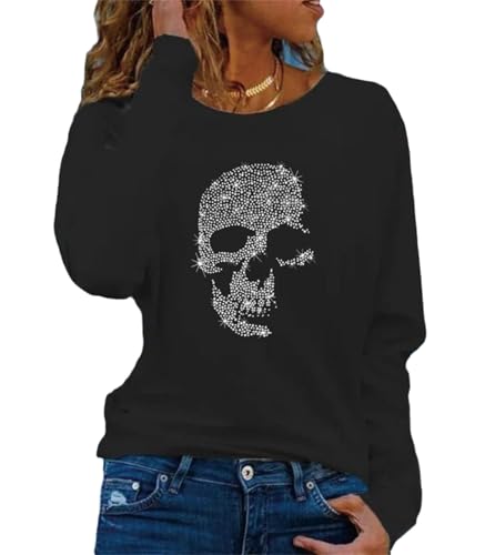 EGSDMNVSQ Damen T-Shirt mit Strass Totenkopf Motiv Bluse Rundhalsausschnitt Kurzarm Oversize Shirt Top Party Karneval Punk Oberteil von EGSDMNVSQ