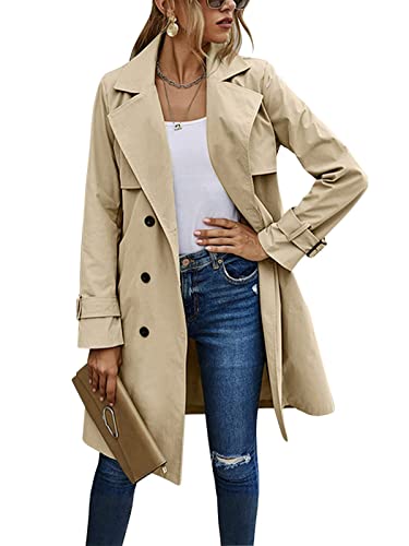 EGSDMNVSQ Damen Trenchcoat Zweireiher Langer Mantel mit Gürtel Übergangsjacke Hohe Taille Klassische Herbst Frühling Jacke Winddichter Übergangsmantel von EGSDMNVSQ