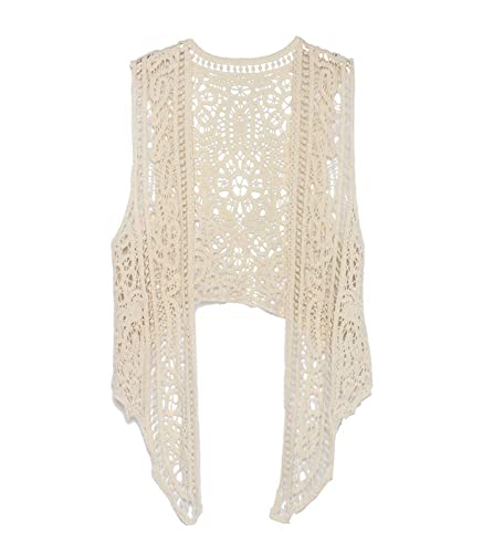 EGSDMNVSQ Damen Weste Chic und Elegant Cardigan Sommer Hippie Gilet Häkeln Hohl Floral Lace Spitze Irregular Boho Ärmellos Cardigan Weste Kurz Strickjacke Beachwear von EGSDMNVSQ