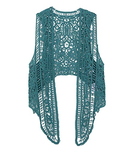 EGSDMNVSQ Damen Weste Chic und Elegant Cardigan Sommer Hippie Gilet Häkeln Hohl Floral Lace Spitze Irregular Boho Ärmellos Cardigan Weste Kurz Strickjacke Beachwear von EGSDMNVSQ