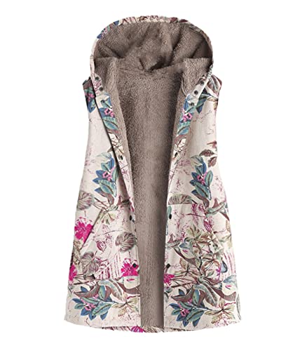 EGSDMNVSQ Damen Weste mit Kapuze Elegant Ärmellos Vintage Retro Drucken Plüschweste Warm Winter Fleeceweste Jacke Gilet Cardigan mit Tasche von EGSDMNVSQ