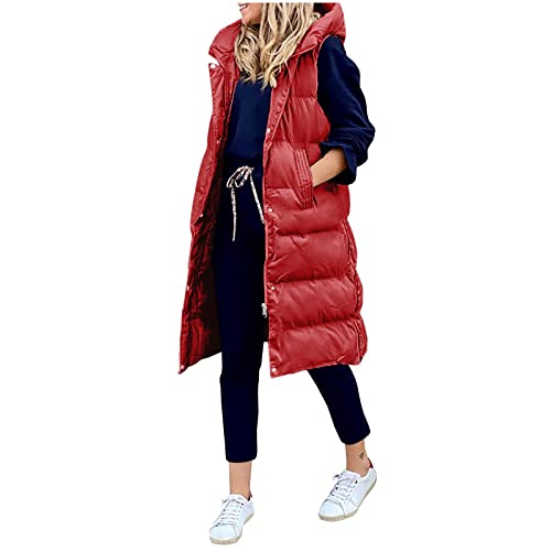 EGSDMNVSQ Damen Winter Daunenweste Lang Wintermantel Vest mit Kapuze Weste Mantel Ärmellose Warmer Daunenmantel mit Taschen Steppweste Damen Daunenjacke Steppjacke Outerwear von EGSDMNVSQ