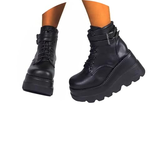 EGSDMNVSQ Damen Winter Gothic Punk Plateau Stiefel Reißverschluss PU Stiefeletten Motorrad Keile Stiefel Winterschuhe mit Blockabsatz Schnalle Riemen Biker Boots von EGSDMNVSQ