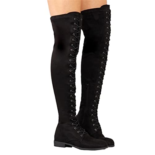 EGSDMNVSQ Damen Winter Schwarz Gothic Punk Overknee Stiefel Stretch Kniehohe Stiefel Vintage Schnüren Flache Schuhe Langschaft Winterstiefel Lang Boots von EGSDMNVSQ