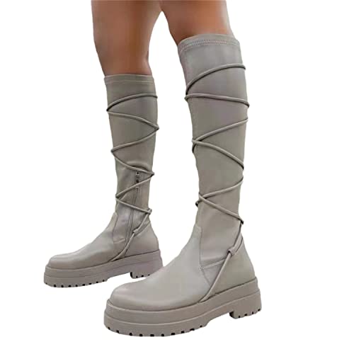 EGSDMNVSQ Damen Winter Schwarz Gothic Punk Overknee Stiefel Stretch Kniehohe Stiefel Vintage Schnüren Flache Schuhe Langschaft Winterstiefel Lang Boots von EGSDMNVSQ