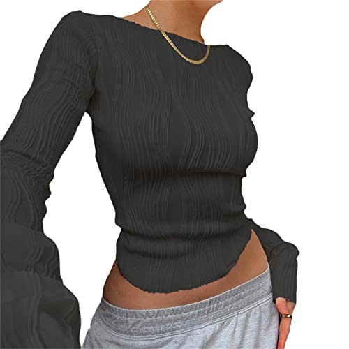 EGSDMNVSQ Damen Y2K Langarm Crop Top T-Shirt Slim Falten Oberteil Cropped Bluse Tops Langarmshirt Streetwear von EGSDMNVSQ