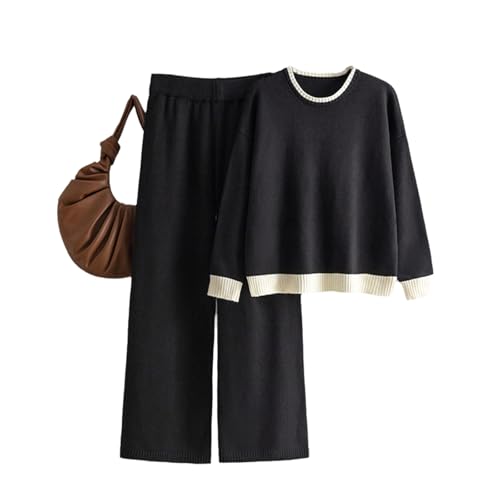 EGSDMNVSQ Damen Zweiteilige Strickanzug Loungewear Langarm Strick Oberteile Hosen Set Freizeit Trainingsanzug Einfarbig Sportanzug Strickpulli Anzug 2-teiliges Outfit Herbst Winter von EGSDMNVSQ