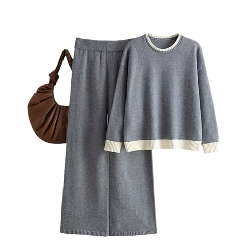 EGSDMNVSQ Damen Zweiteilige Strickanzug Loungewear Langarm Strick Oberteile Hosen Set Freizeit Trainingsanzug Einfarbig Sportanzug Strickpulli Anzug 2-teiliges Outfit Herbst Winter von EGSDMNVSQ