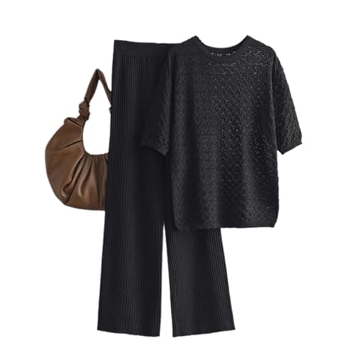 EGSDMNVSQ Damen Zweiteilige Strickanzug Loungewear Langarm Strick Oberteile Hosen Set Freizeit Trainingsanzug Einfarbig Sportanzug Strickpulli Anzug 2-teiliges Outfit Herbst Winter von EGSDMNVSQ
