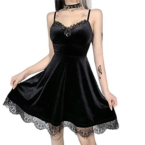 EGSDMNVSQ Damen e-Girl Gothic Retro Ärmelloses Minikleid Samt A-Linie Spitzenkleid Spaghettiträger Y2K Kleid Vintage Punk Gothic Kleid von EGSDMNVSQ