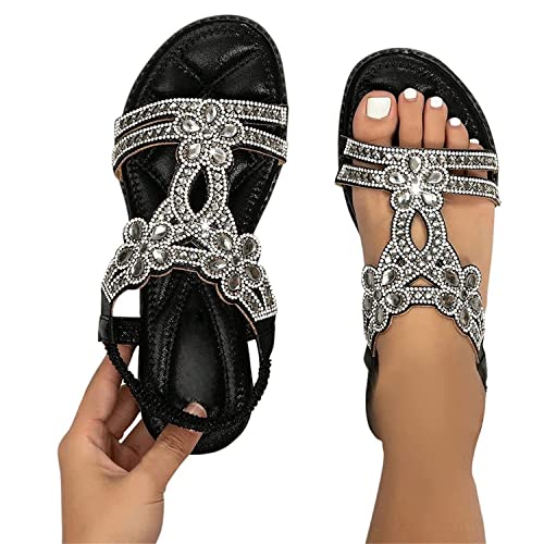 EGSDMNVSQ Flache Sandalen Damen Elegant Strass Boho T-Riemen Frauen Sandalen Mädchen Sommerschuhe Zehentrenner Sandalen Mädchen Strandschuhe von EGSDMNVSQ