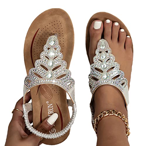 EGSDMNVSQ Flache Sandalen Damen Flip Flops Sommerschuhe Boho Strasssteine Glitzer T-Riemen Strandsandalen Bequeme Zehentrenner mit Weiche Fußbett Mode Strand Offene Zehe Elegant Sommerschuhe von EGSDMNVSQ