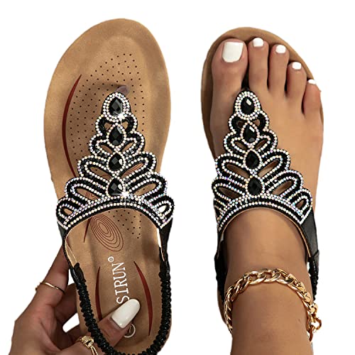 EGSDMNVSQ Flache Sandalen Damen Flip Flops Sommerschuhe Boho Strasssteine Glitzer T-Riemen Strandsandalen Bequeme Zehentrenner mit Weiche Fußbett Mode Strand Offene Zehe Elegant Sommerschuhe von EGSDMNVSQ