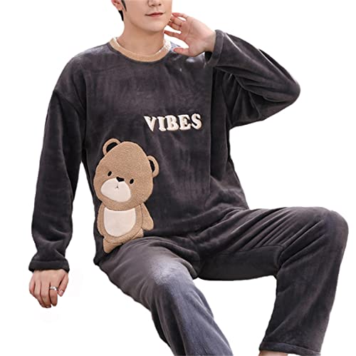 EGSDMNVSQ Herren Schlafanzug Warm Lang Pyjama Set Winter Langarm Shirt und Pyjamahose Schlafhose Zweiteilig Fleece Nachtwäsche Loungewear von EGSDMNVSQ