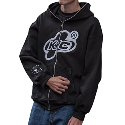 EGSDMNVSQ Herren Zip Up Hoodies Mit Reißverschluss Sweatjacke Y2k Print Kapuzenjacke Lose Sweatshirt mit Kapuze Harajuku 90er E-Girl Top von EGSDMNVSQ