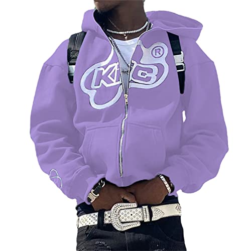 EGSDMNVSQ Herren Zip Up Hoodies Mit Reißverschluss Sweatjacke Y2k Print Kapuzenjacke Lose Sweatshirt mit Kapuze Harajuku 90er E-Girl Top von EGSDMNVSQ