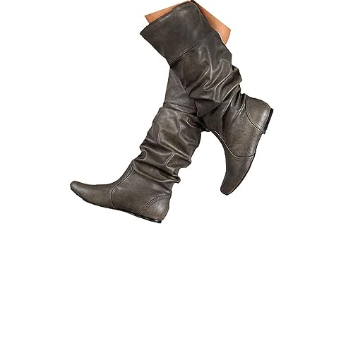 EGSDMNVSQ Hohe Stiefel Damen Langschaft Stiefel Overknees Flach Stiefel Winterstiefel Gothic Flache Stiefel Niedrige Mit Absatz SchuheVintage Herbst Winter Lederstiefel von EGSDMNVSQ