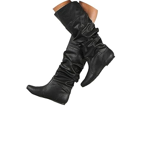 EGSDMNVSQ Hohe Stiefel Damen Langschaft Stiefel Overknees Flach Stiefel Winterstiefel Gothic Flache Stiefel Niedrige Mit Absatz SchuheVintage Herbst Winter Lederstiefel von EGSDMNVSQ