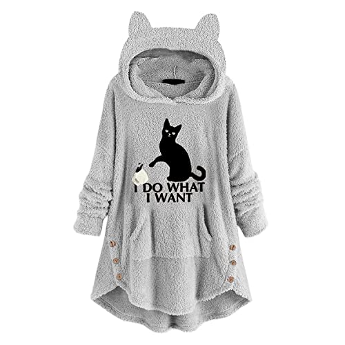 EGSDMNVSQ Hoodie Damen Katzen Pullover Kapuzenpullover Teddy-Fleece Pullover Herbst Winter Warm Plüsch Oberteil Langarm Einfarbig Sweatshirt mit Kapuze von EGSDMNVSQ