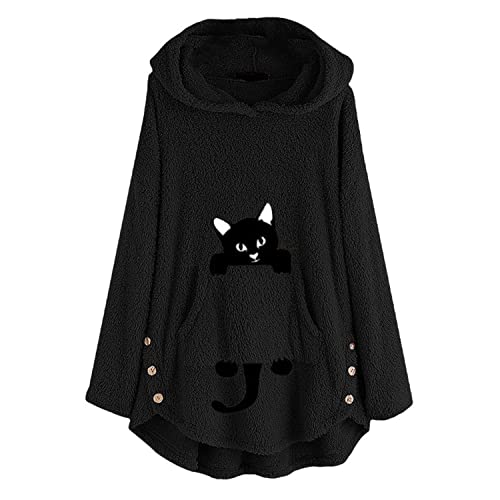 EGSDMNVSQ Hoodie Damen Katzen Pullover Kapuzenpullover Teddy-Fleece Pullover Herbst Winter Warm Plüsch Oberteil Langarm Einfarbig Sweatshirt mit Kapuze von EGSDMNVSQ