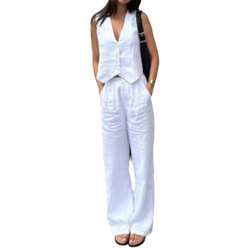 EGSDMNVSQ Hosenanzug Damen Zweiteiliger V Ausschnitt Westen Und Hose Set Mit Knöpfen Ärmelloses Outfit Tracksuit Loungewear Jogginganzug Trainingsanzug Freizeitanzug Streetwear von EGSDMNVSQ