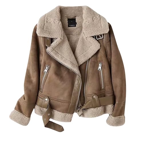 EGSDMNVSQ Jacke Lederjacke Kunstlederjacke Elegant Fleecejacke Warm Wintermantel Bikerjacke Winterjacke Revers Fliegende Jacke Kurzer Mantel Mit Reißverschluss für Damen von EGSDMNVSQ