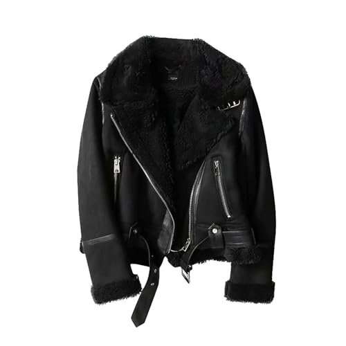 EGSDMNVSQ Jacke Lederjacke Kunstlederjacke Elegant Fleecejacke Warm Wintermantel Bikerjacke Winterjacke Revers Fliegende Jacke Kurzer Mantel Mit Reißverschluss für Damen von EGSDMNVSQ