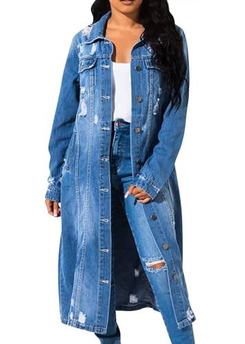 EGSDMNVSQ Jeansjacke Damen Lang Jeansmantel Denim Jacke Lang Knöpfe Revers Zerrissen Boyfriend Oversize Jeans Mantel Parka Jacke mit Tasten Übergangsjacke Outwear Trenchcoat Elegant von EGSDMNVSQ