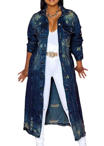 EGSDMNVSQ Jeansjacke Damen Lang Jeansmantel Denim Jacke Lang Knöpfe Revers Zerrissen Boyfriend Oversize Jeans Mantel Parka Jacke mit Tasten Übergangsjacke Outwear Trenchcoat Elegant von EGSDMNVSQ