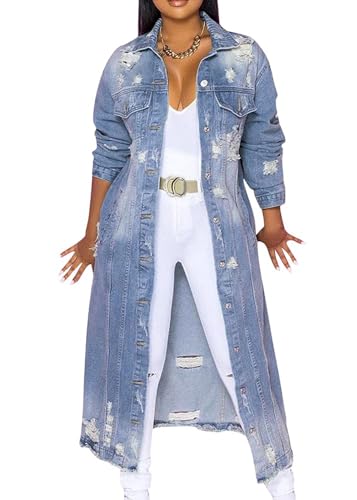 EGSDMNVSQ Jeansjacke Damen Lang Jeansmantel Denim Jacke Lang Knöpfe Revers Zerrissen Boyfriend Oversize Jeans Mantel Parka Jacke mit Tasten Übergangsjacke Outwear Trenchcoat Elegant von EGSDMNVSQ