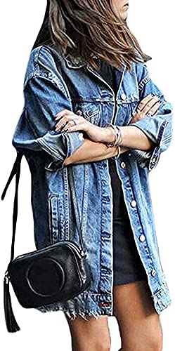 EGSDMNVSQ Jeansjacke Damen Langarm Boyfriend Oversized Übergangsjacke Denim Jacke Casual Jeansjacke Kurze Destroyed Mantel Cut Out von EGSDMNVSQ